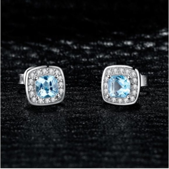 Blue Topaz Halo Sterling Silver Earrings NEW - Picture 1 of 4